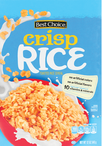 Cereal box with crispy rice spilling, blue background.