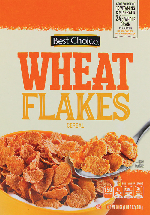 Cereal box with wheat flakes and nutrition information.