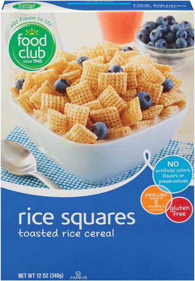 Cereal bowl with rice squares and blueberries.