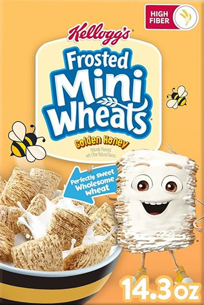 Animated wheat character and cereal bowl with bees.
