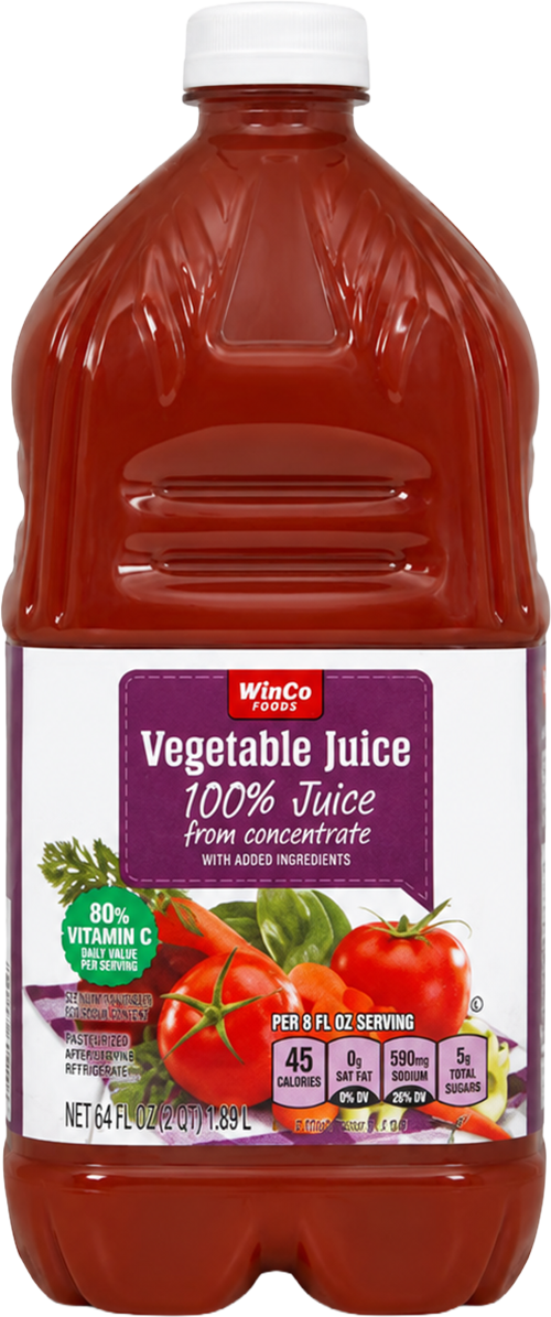 WinCo vegetable juice bottle displaying label