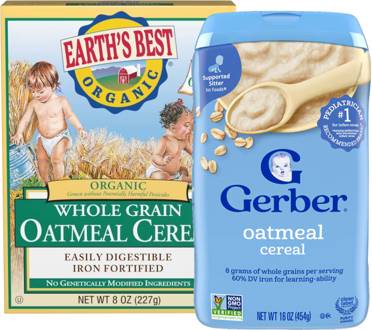 Two oatmeal cereal boxes for babies, Earth's Best and Gerber.