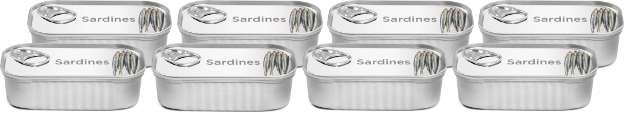 Seven sardine cans stacked in two neat rows.
