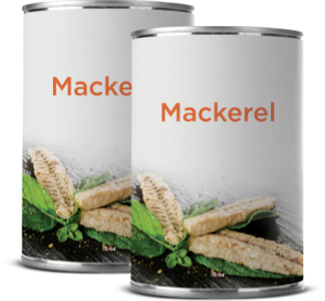 Two cans labeled "Mackerel" with fish and herbs.